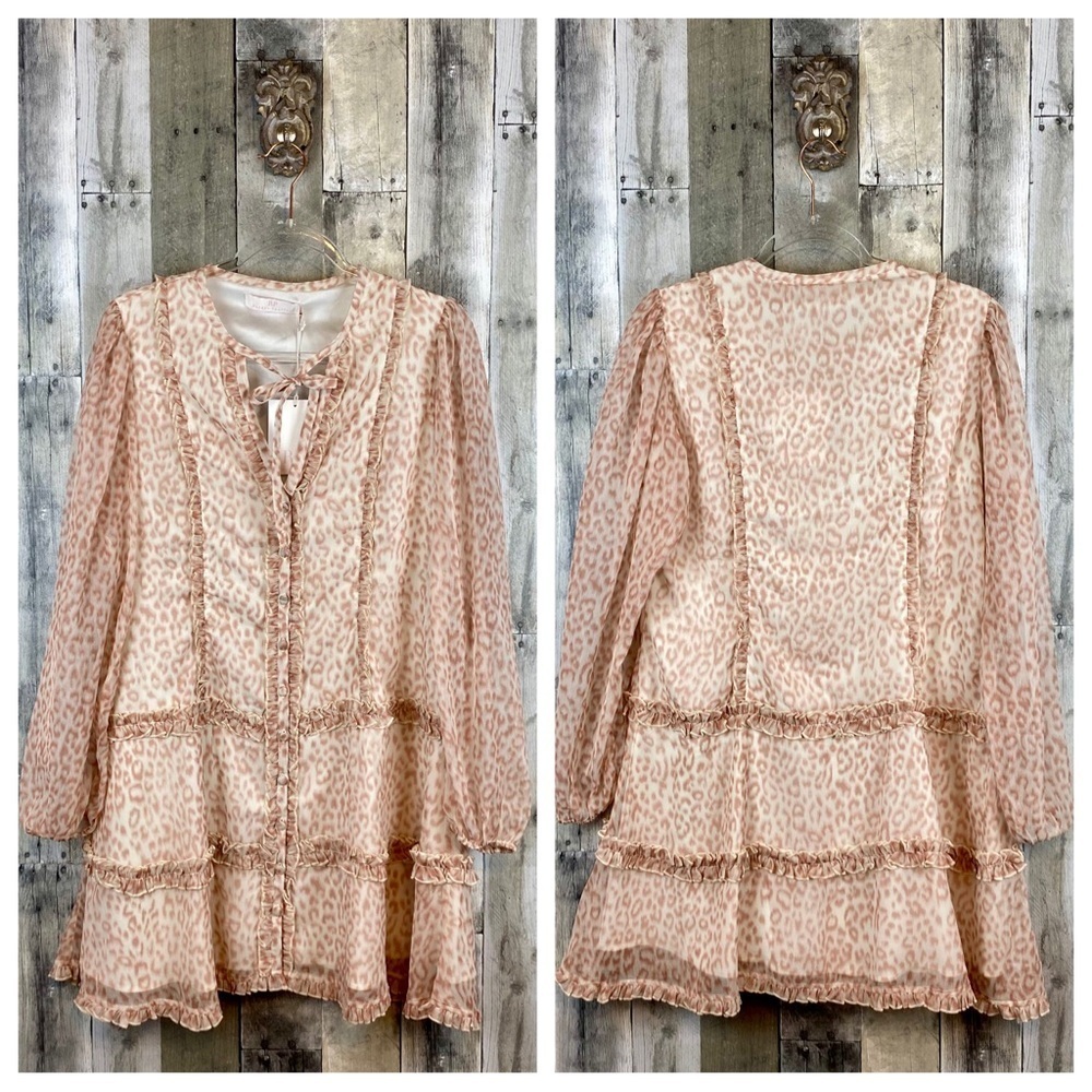 NWT Rachel Parcell Lace Sleeve Ruffle Mini Dress in Pink Leopard Size Large. - Picture 10 of 11